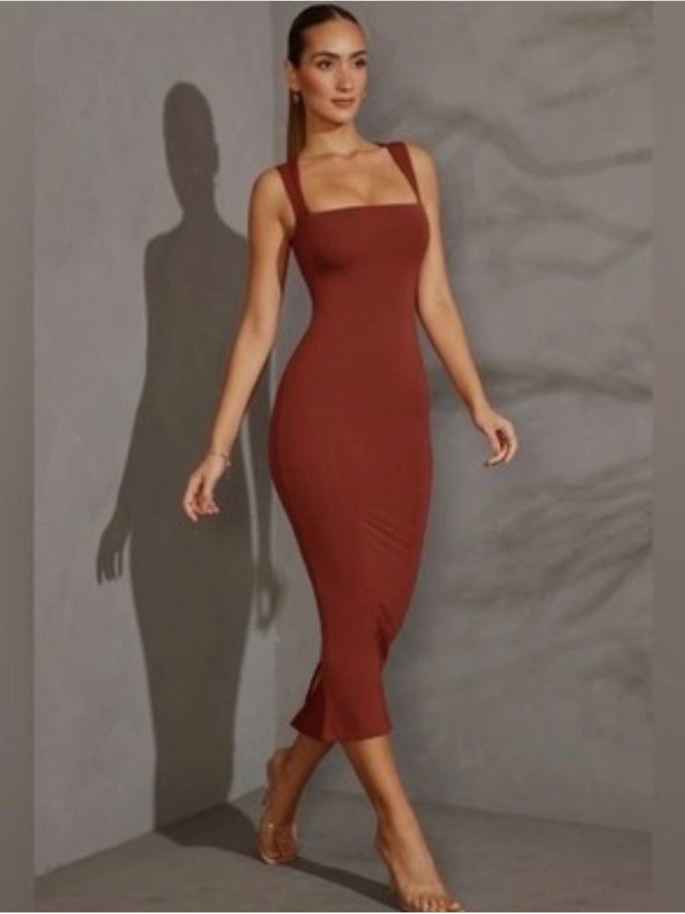 Ohpolly Square Neck Midi Dress in Brick
